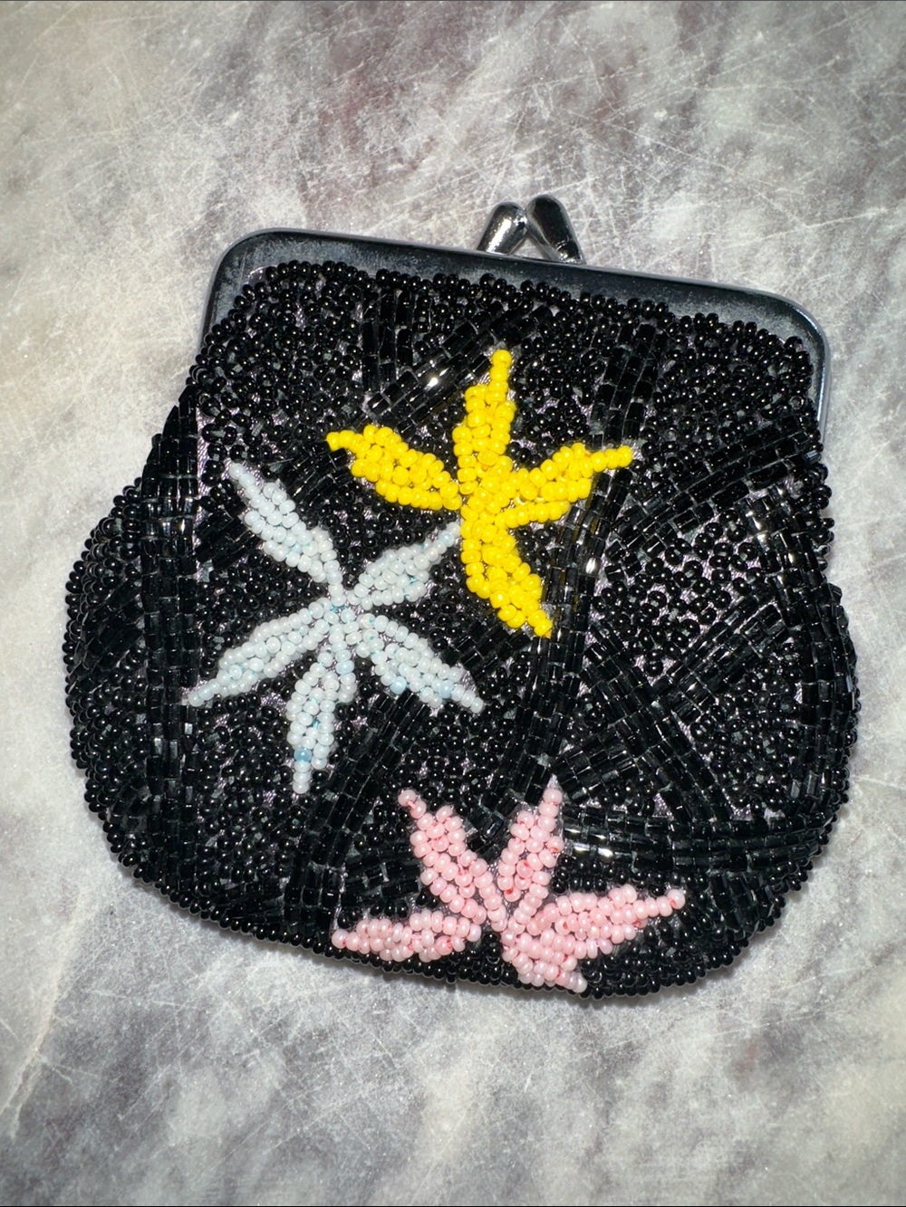 Vintage Beaded Coin Purse - Black with Yellow, White & Pink Accents